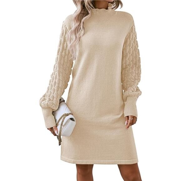 Women’s Fall Mock Neck Sweater Dress - Long Sleeve Ribbed Knit Mini Pullover - Picture 1 of 7